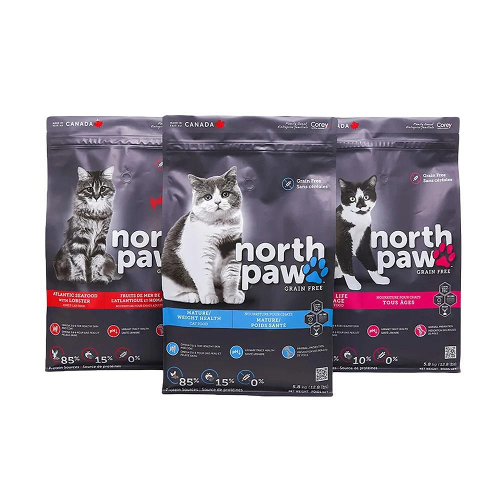 Custom Square Bottom Stand Up Bag Cat Pet Food Packaging Bag with air valve and easy tear zipper