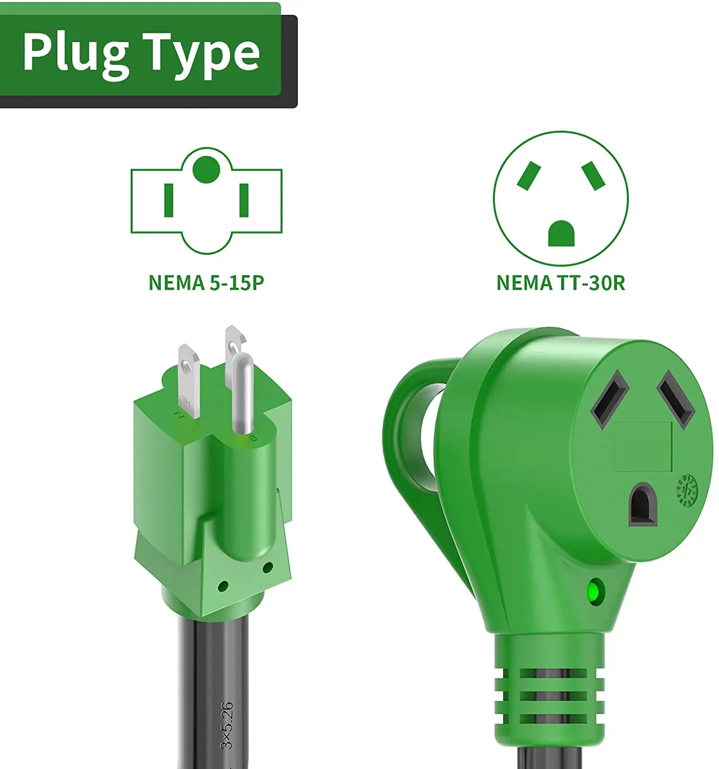 J495 30 Amp to 110 Volt RV Adapter Cord 12 Inch NEMA 5-15P to NEMA TT-30R Electrical Power Adapter with LED Power Indicator