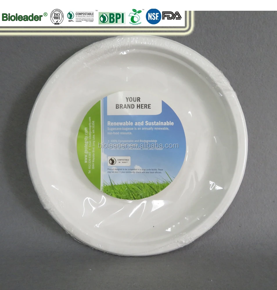 Biodegradable BPI Certified Disposable 7-10 Inch Sugar Cane Paper Dish White/Brown Round Plate Eco-Friendly Alternatives