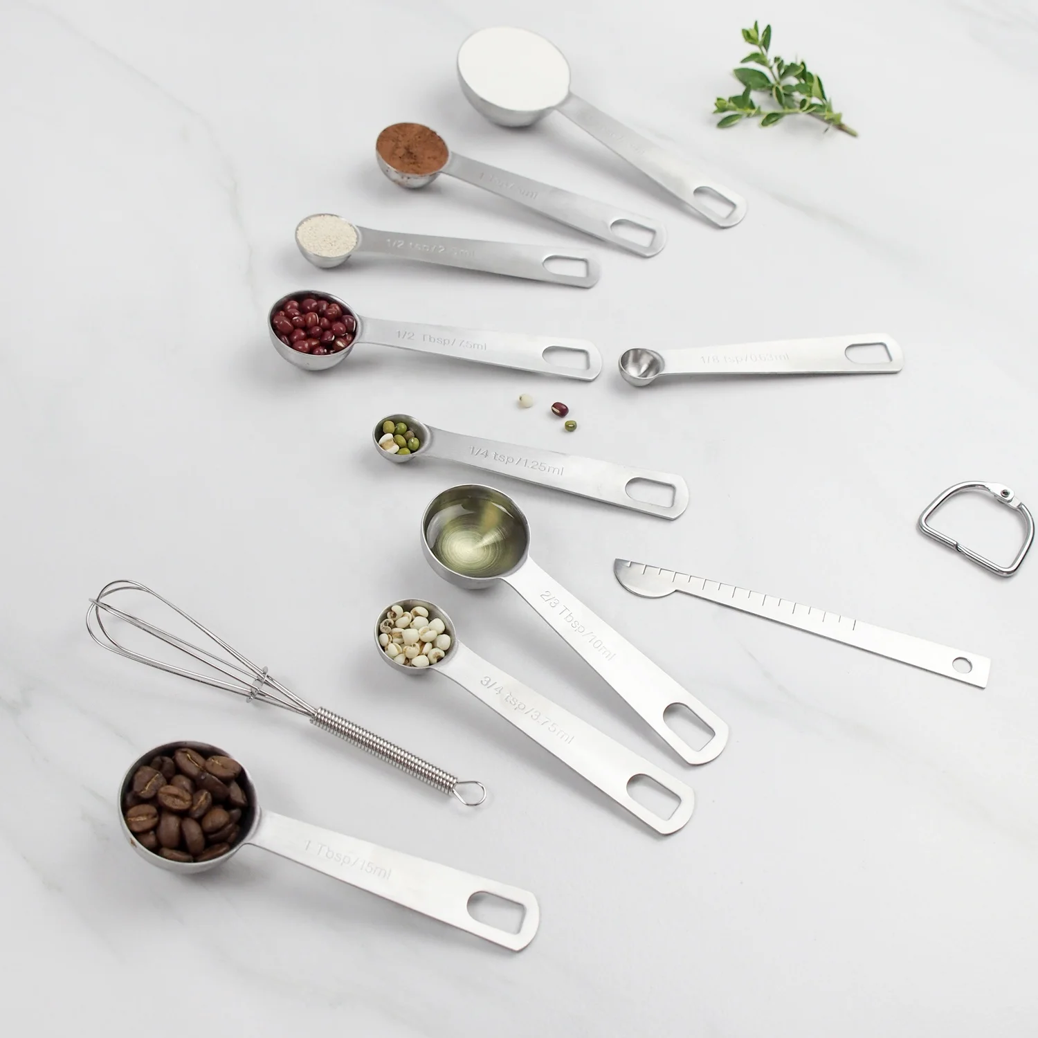 Nesting set of 8 Stainless Steel Measuring Spoons with Egg Whisk and Measuring Ruler Scrape