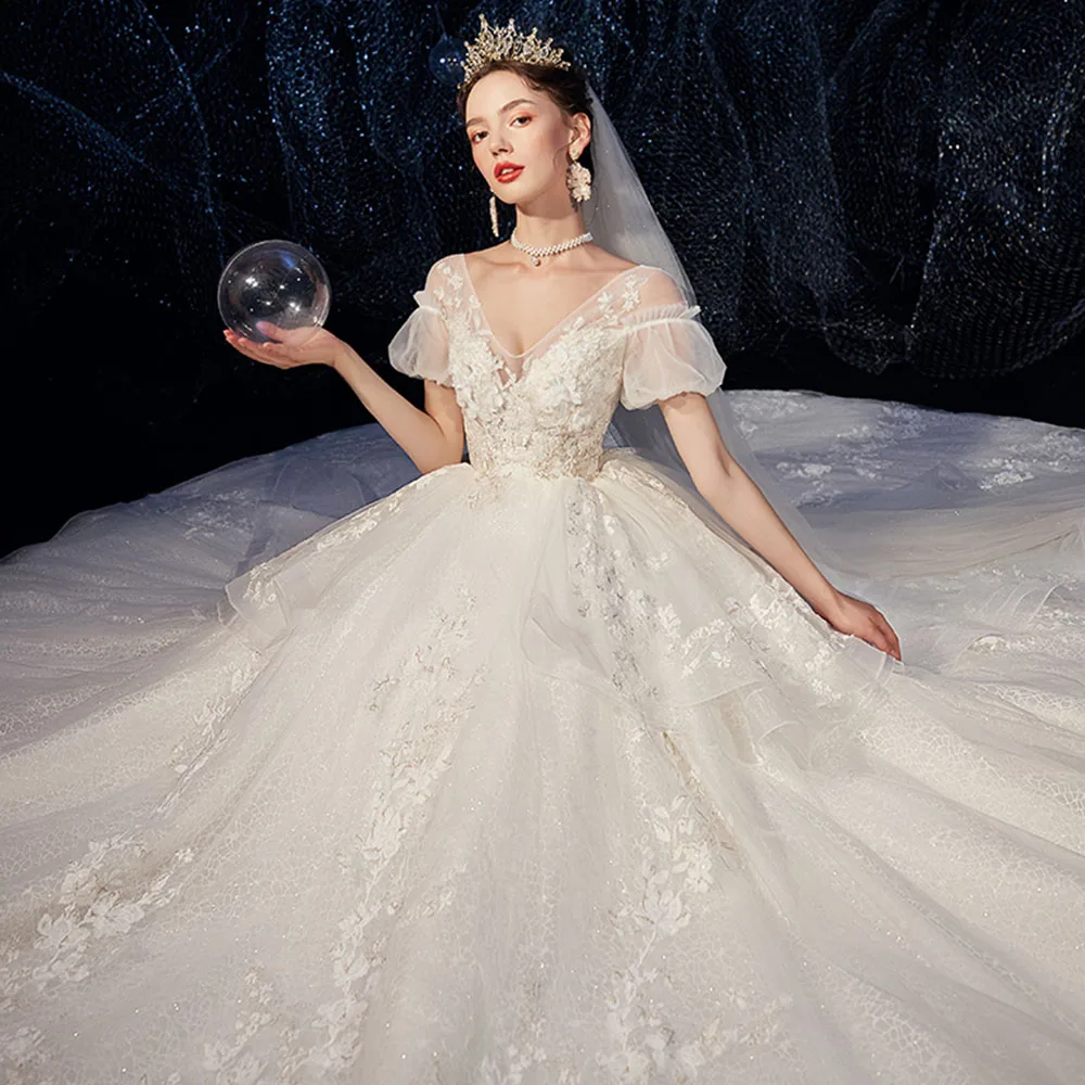 Pearls Sequins Lace Appliques Flowers Luxury Ball Gown Wedding Dress Vestido De Boda V-neck Short Sleeve Shiny Bridal