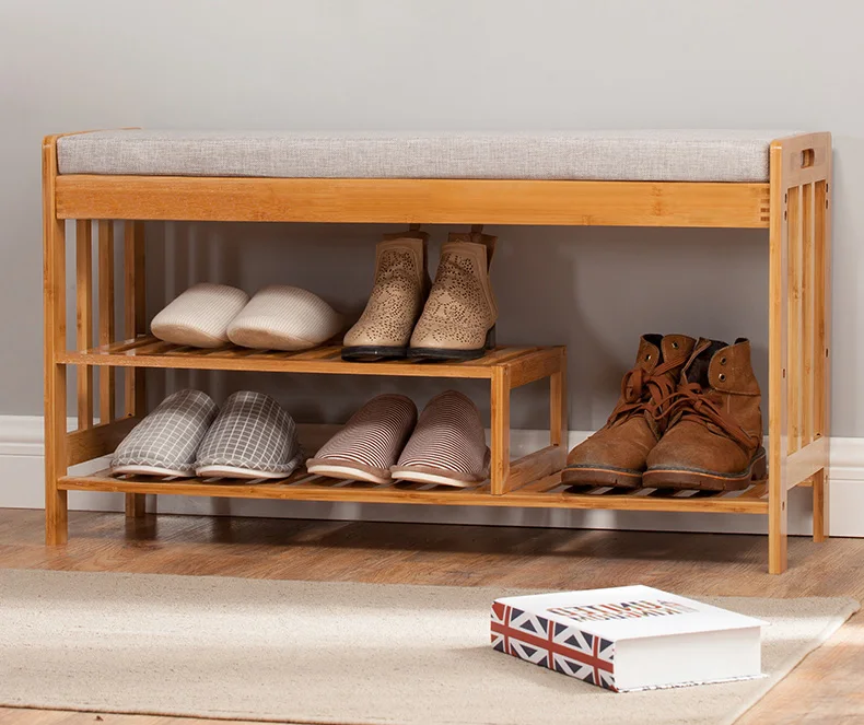 Bamboo Porch Change Shoe Stool with Cushion Sitting Shoes Rack
