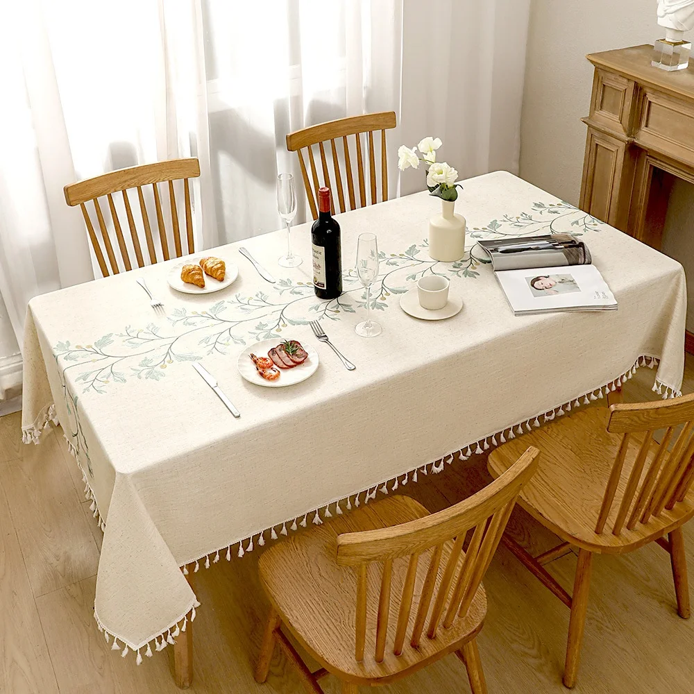 Floral Pattern Polyester Tablecloth Embroidery Luxury Table Cloth Tassel Waterproof and Anti Scalding Tablecloth