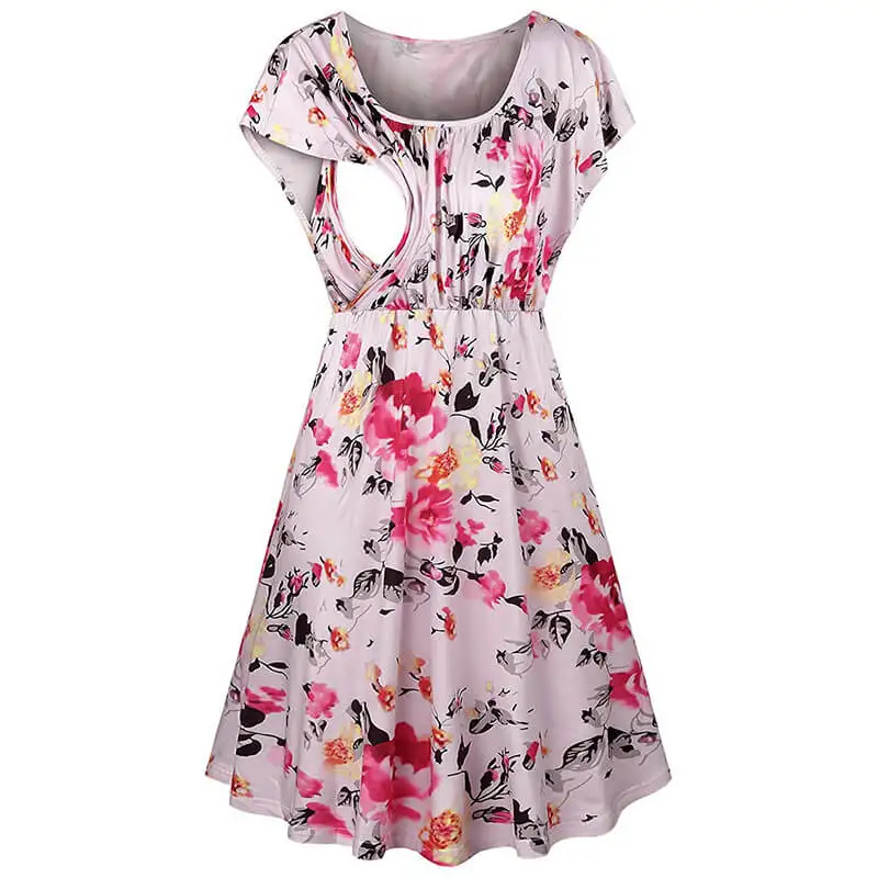 
New Arrival Birth Breastfeeding Mama Milk Silk Summer Round Collar Solid Color Bat Sleeve Midi A Pleated Dress For Nursing 