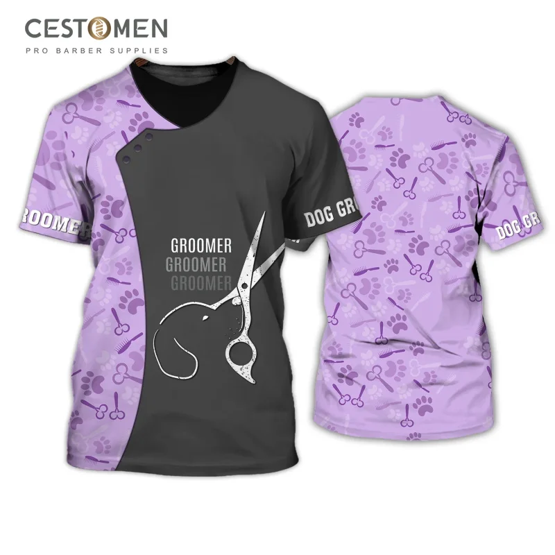 CESTOMEN 3D Print Custom Logo Pattern Pet Groomer Uniform Smock T Shirt Oversized Short Sleeve Dog Grooming Uniform For Pet Shop