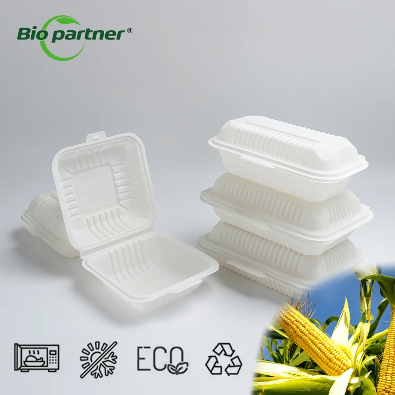 Corn Starch Clamshell Food Container Plastic Togo Restaurant Take Away Lunch Box Compartment Takeaway Box Disposable