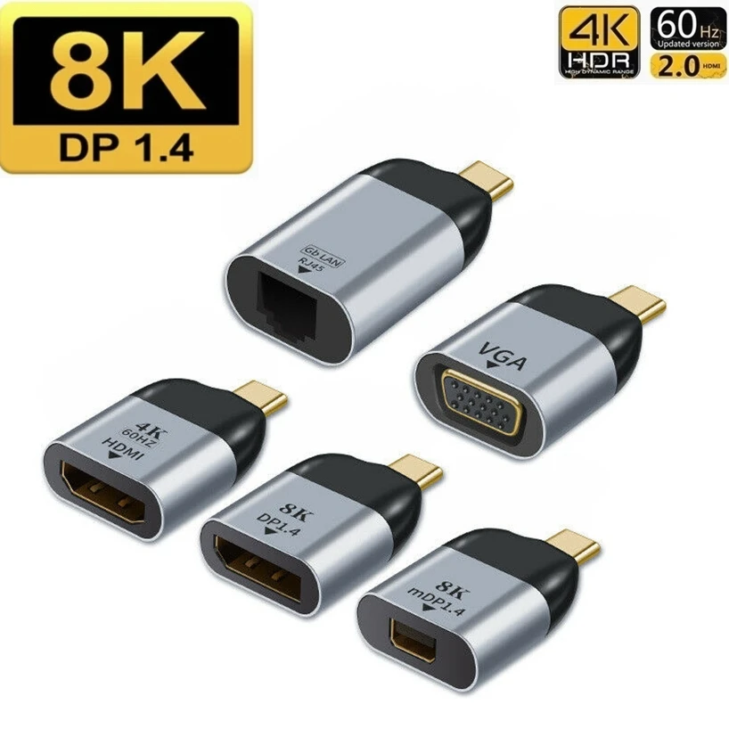 Кабель-Переходник USB C на HDMI VGA переходник с внутренней резьбой 8K из нержавеющей стали типа C для дисплейный порт MiniDP типа «USB-C кабель с разъемами типа C и DP 1,4 RJ45 Gigabit Ethernet для MacBook Pro Samsung