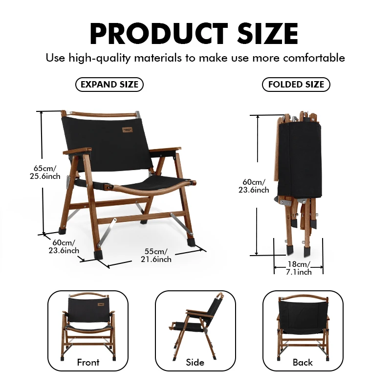 KingGear Outdoor Garden Customizable Canvas Portable Teak Beech Kermit Chair Foldable Wood Folding Camping Chair