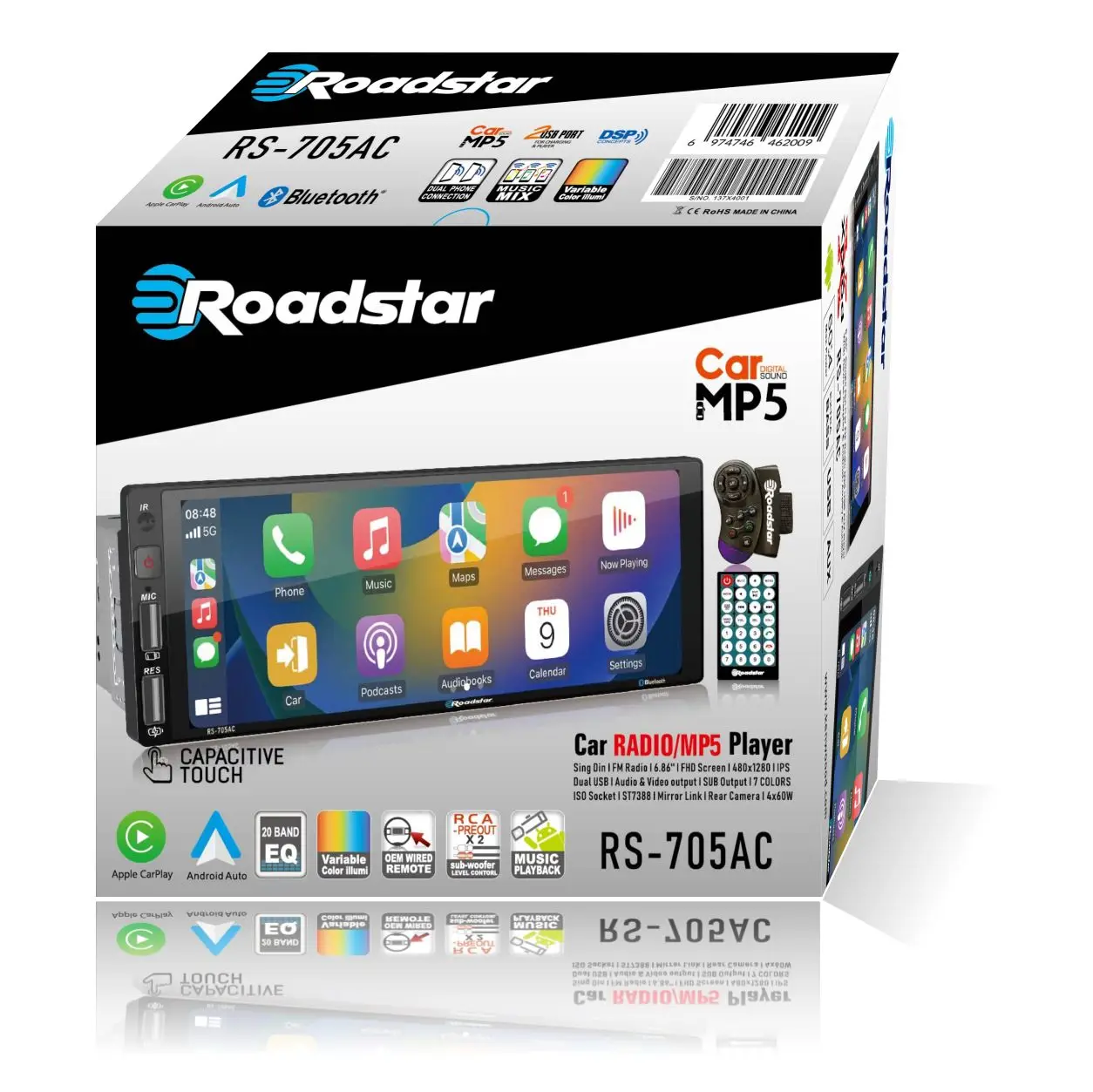 Roadstar 6.86' Car Mp5 Player With Bluetooths Wireless Carplay Android Auto 480*1280 IPS Camera RS-705AC