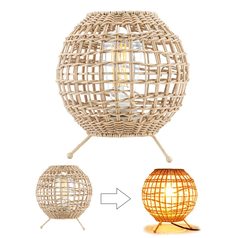 Good Price Handmade Small Woven PE Plastic Synthetic Rattan Bedside Decoration Rattan Table Lamp for Bedroom