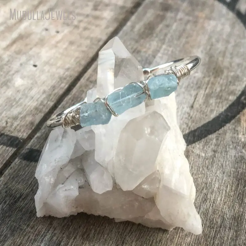 BM42441 Raw Aquamarine Silver Cuff Bracelet Bridesmaid Boho Bracelet Wire Wrapped Gift For Her March Birthstone