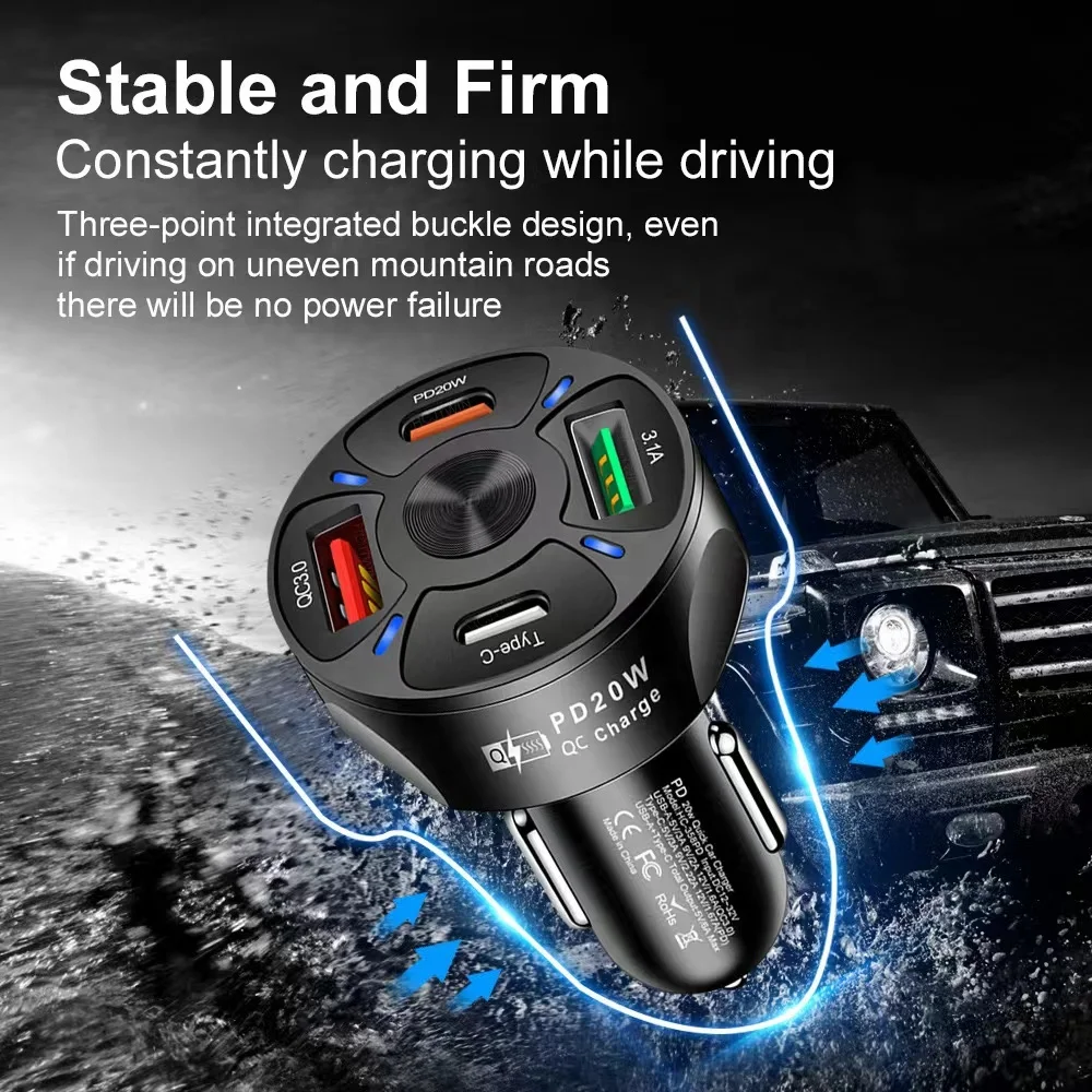 4 Ports 20W USB-C PD+QC 3.0 3.1A 2 USB+Type-c Fast Car Charger for iPhone/Samsung