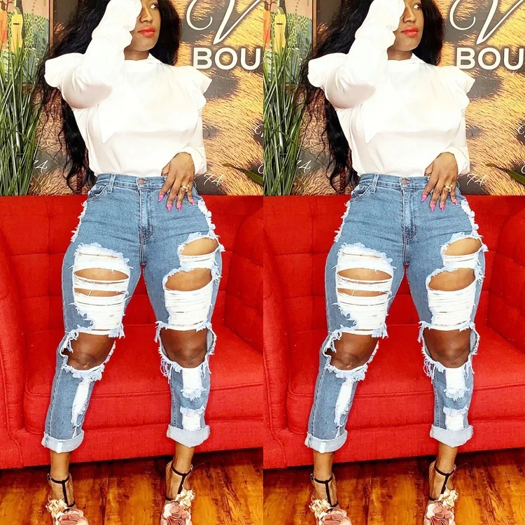 2021 New Fashion Good Quality Spring And Summer Blue Denim Net Straight Big Hole Beggar Women Jeans