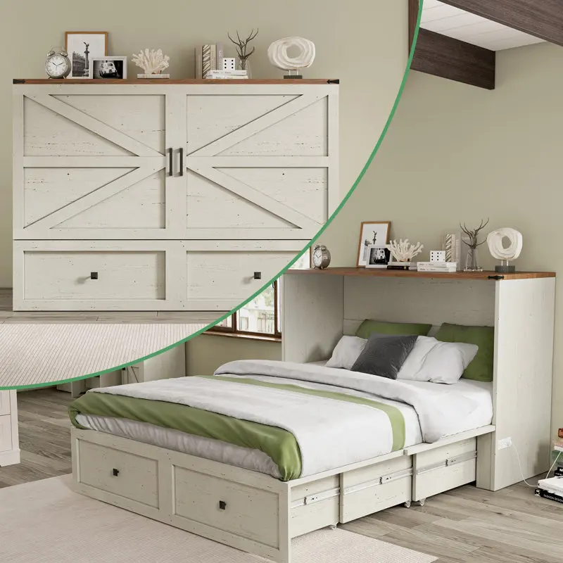 Kainice modern smart bedroom furniture convertible murphy bed cabinet full size wood bed with storage drawer