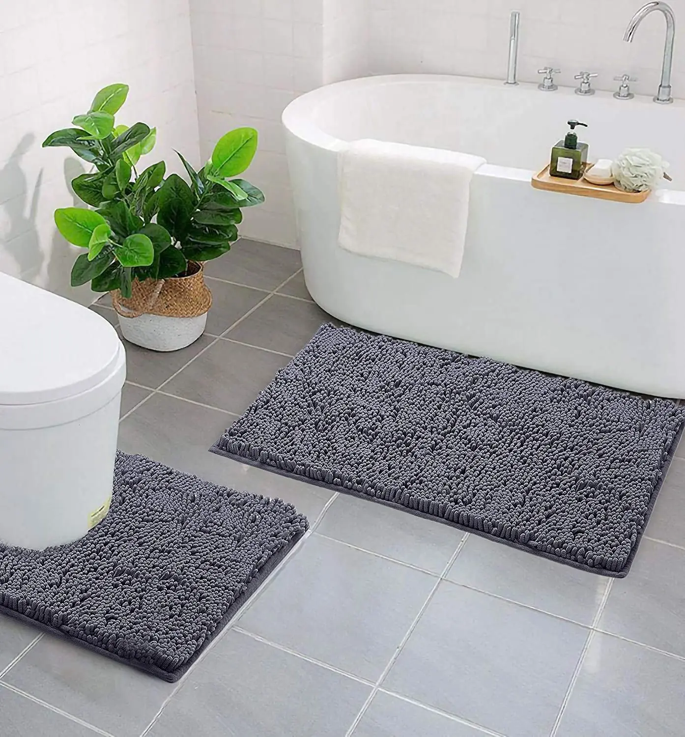 Bathroom Rugs Luxury Chenille 2-Piece Bath Mat Set, Soft Plush Anti-Slip Bath Rugs + U Shape Contoured Mat