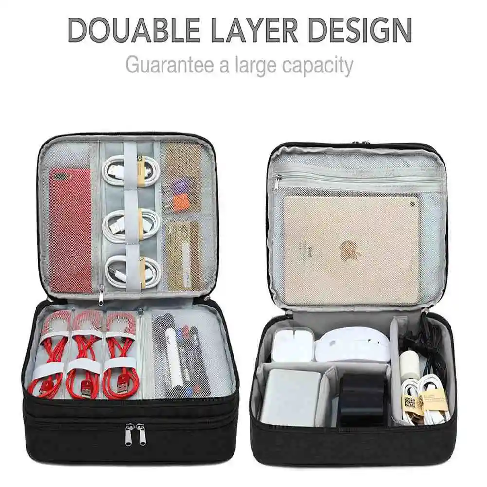 Electronics Travel Organizer, Waterproof Electronic Accessories Case Portable Double Layer Cable Storage Bag for Cord, Charger