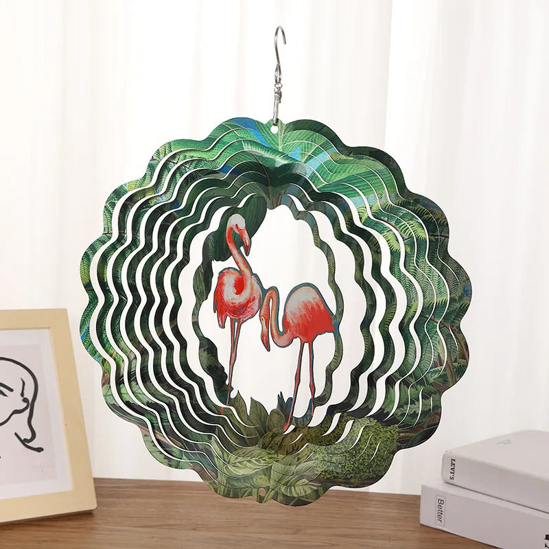 YJL Modern Stainless Steel Garden Decoration Outdoor Wind Chimes Colorful 3D Flamingos Rotating Metal Wind Spinner Wind Chimes