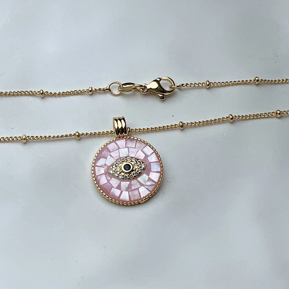 Wholesale Custom Round Pink Sea Shell Crystal Zircon Evil Eye Necklace Women PVD 18k Gold Plated Jewelry