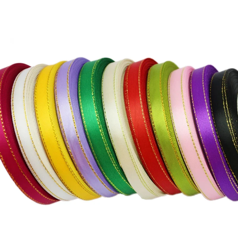 (25 Yards/lot) 3/8' (10mm) Satin Ribbons pink Golden Edge Ribbon Wholesale High Quality Gift