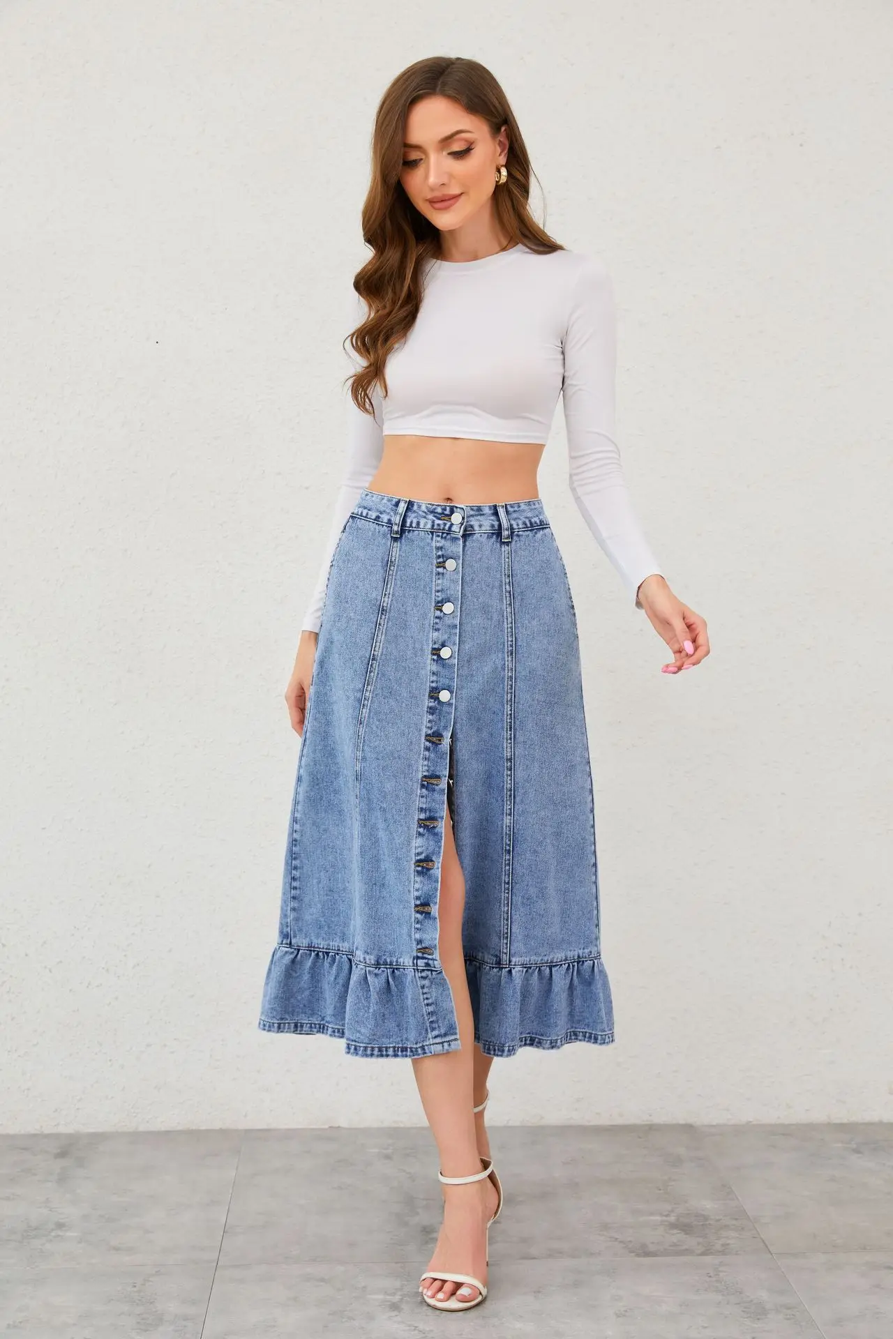 Hot-sell Long Denim mermaid Hem Hip Wrap Jean Maxi Skirt