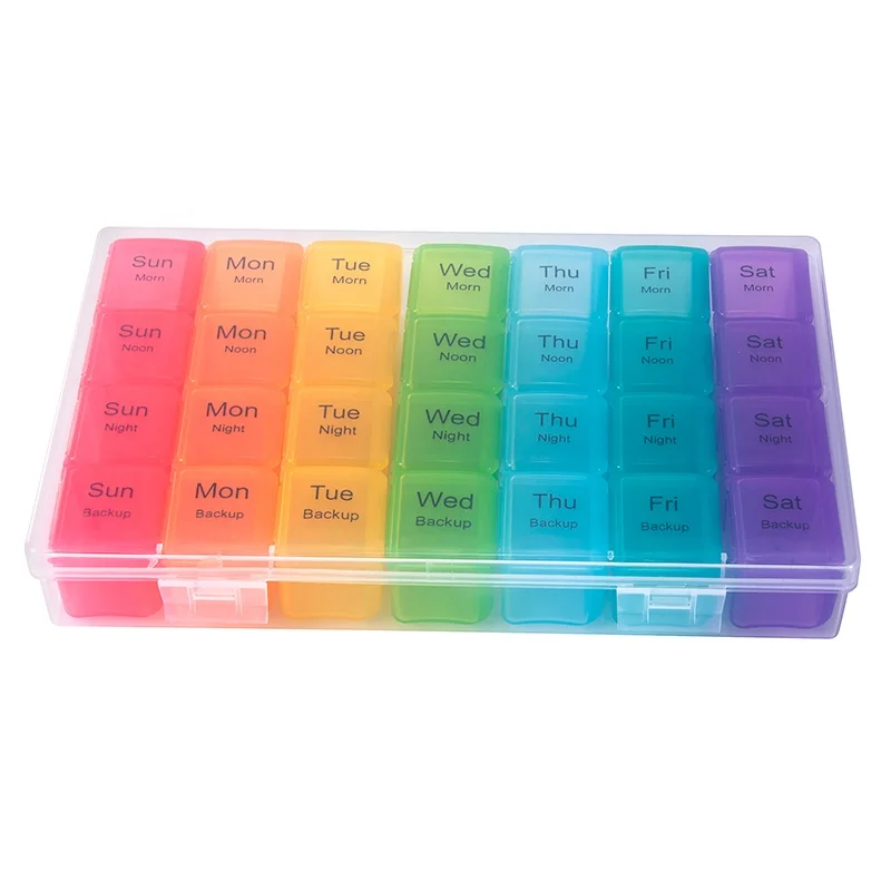 Amazon Rainbow Big Pill Case Storage Box for Pills/tablets/medicine/capsule Portable Moisture-proof Plastic 7 Day 28 Compartment