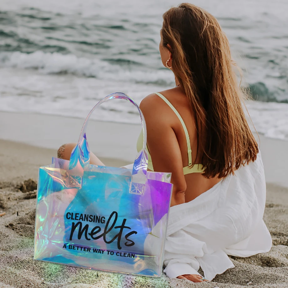 Fashion Women Clear Cosmetic Tote Bag Waterproof Pvc TPU Holographic Jelly Bag Shopper Ladies Shoulder Shopping Plastic Bag