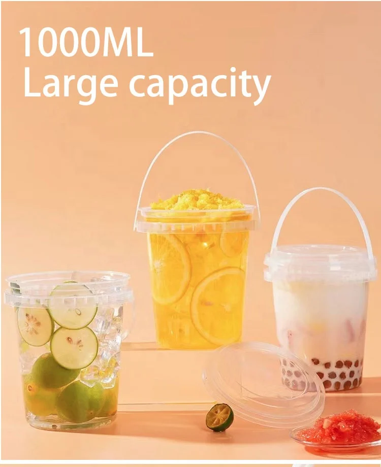GTG Custom logo printed disposable 32 oz 1000 ml Fruit Bucket Takeaway fruit PP plastic cup buckets with handle and lid