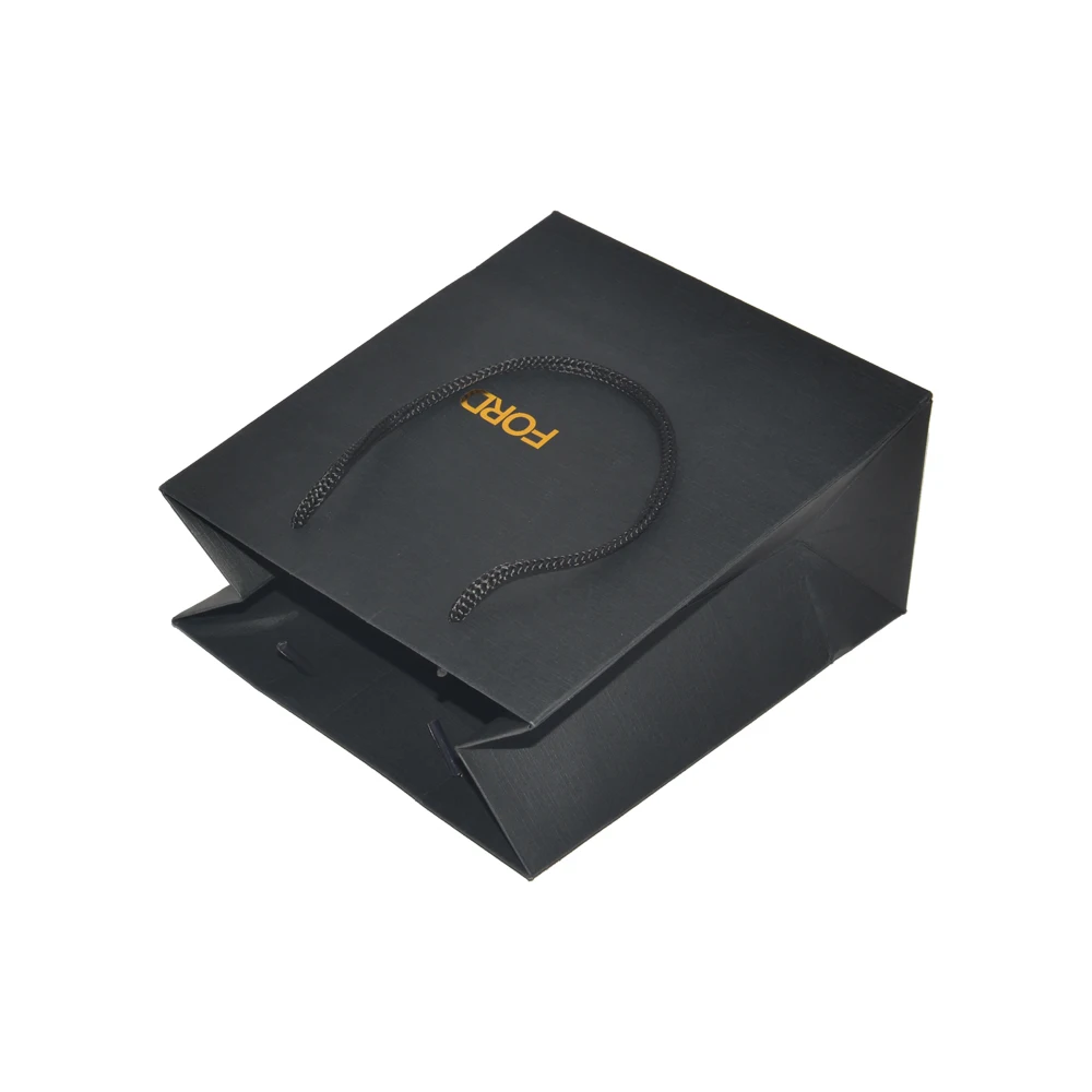 Luxury Gold Foil Logo Custom Branding Jewelry Gift Bag Packaging Kraft Paper Matt Black Shopping Bags with Nylon String Handle