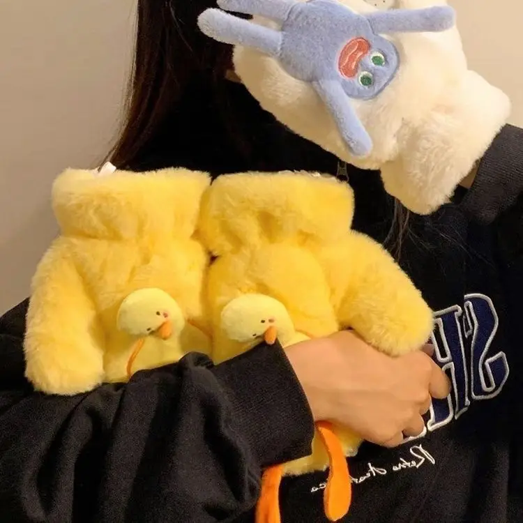 Yellow Duck Riding Gloves Women Winter Cute Funny Plush Warm Halter With Fingers Fleece-lined Student Cold-proof Gloves