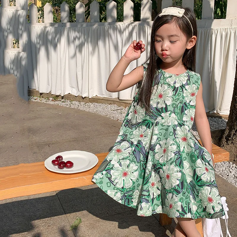 Yalindars Summer New Kids Sundress Sleeveless Floral Princess Dress with O-Neck Collar Long Knee-Length Sweet Pattern Design