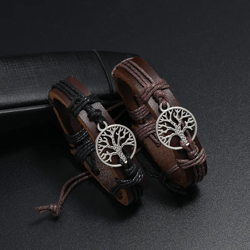 B01909 Handmade Leather Bracelet Vintage Style Braided Tree Life Charm Men Women Teen Boys Girls Adjustable Wrap Wristband Gift