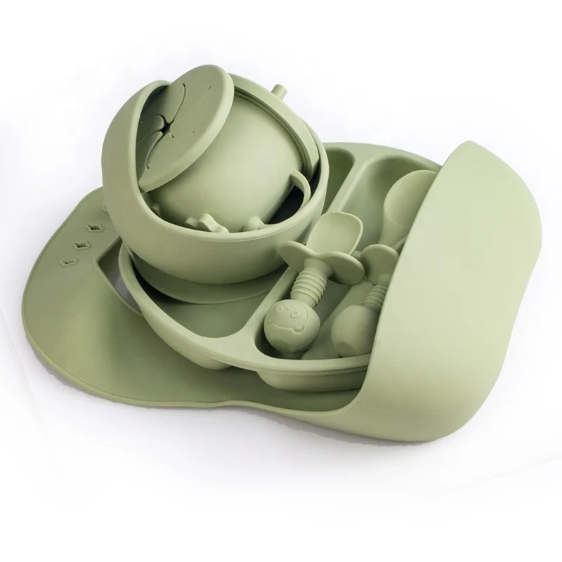 2023 Trending Supplies Eco Friendly Led Weaning Set Baby Tableware 8PCS Bib Plate Suction Bowls Silicone Baby Feeding Products