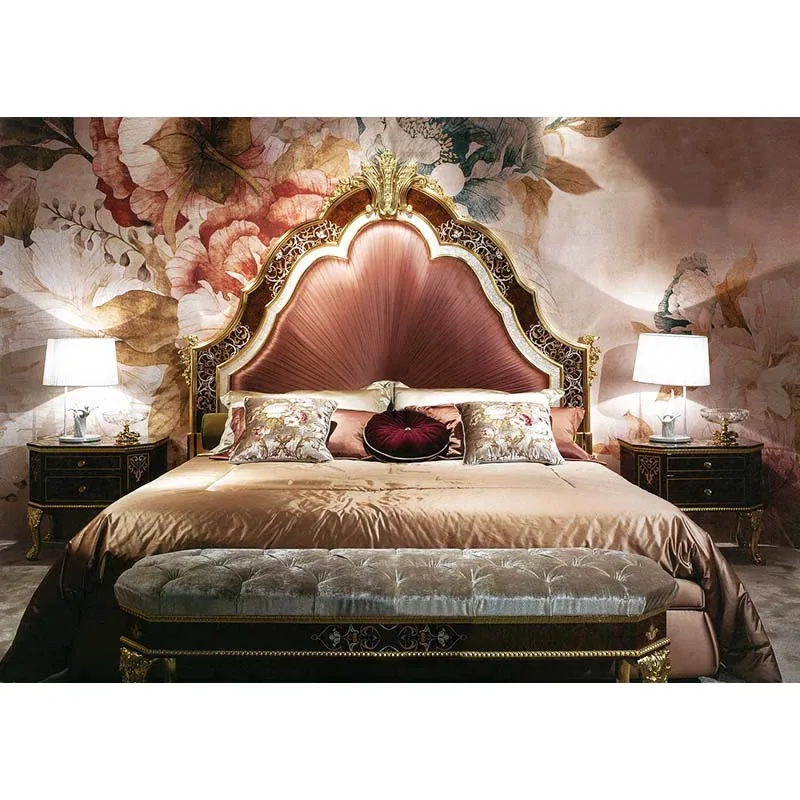 New arrival European Royal Classic Solid Wood Carving French Furniture Blue Fabric Classic Bedroom Furniture