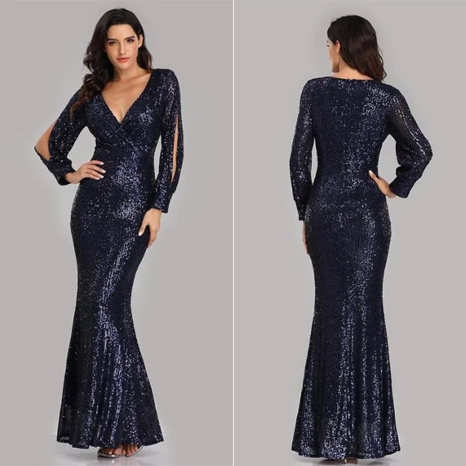 Fashion Party Maxi Dress Super High Waist Crossed Chest V-Neck Split Long Sleeve Sequin Stretch Slim Mermaid Evening Gown Dress