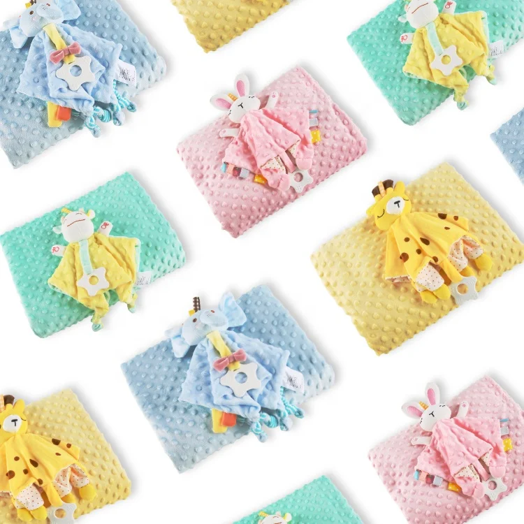 New design newborn gift polka dot super soft stuffed plush babies minky dot winter blankets with plush toys for newborns