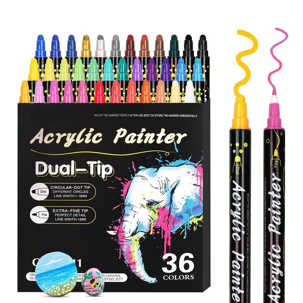 36 Color Dual Tip Brush Tip & Fine Tip Fade Resistant Art Acrylic Paint Markers for Multi-Surface Use Rock Canvas Glass & Wood