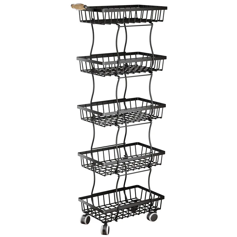 Allogogo Auxiliary Trolley With Wheels Fruit And Vegetable Storage Trolley Removable 4 Tier 5 Tier Non-slip Feet Metal Basket