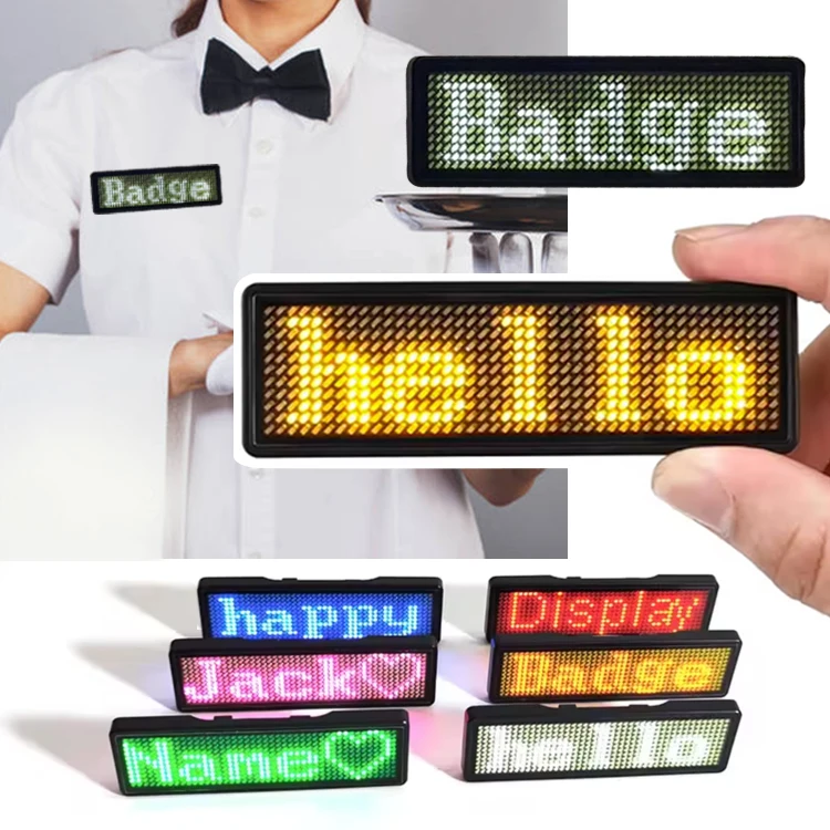 high quality led name badge wearable pin programmable text display mini screen