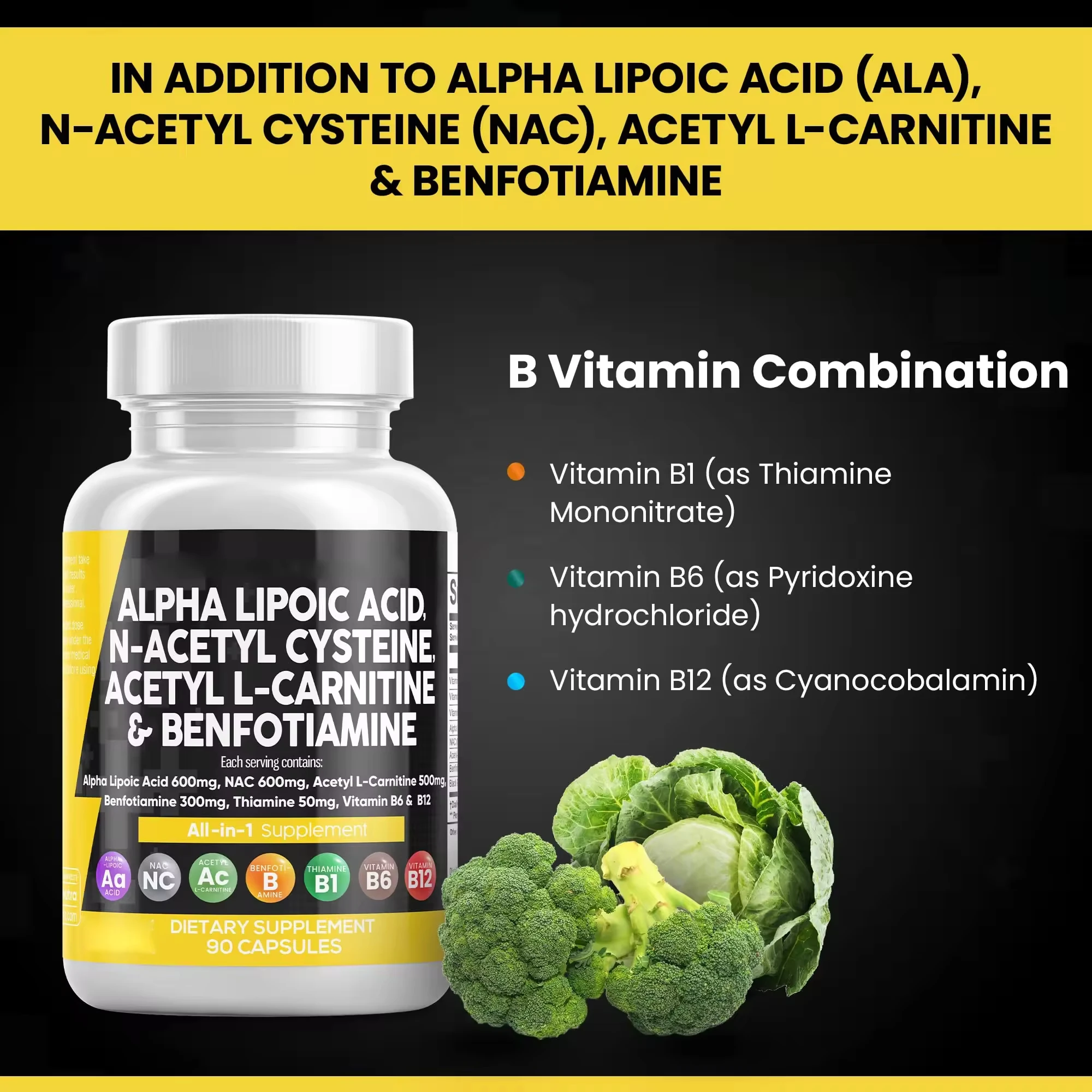 Alpha Lipoic Acid Capsules Acetyl L-Carnitine Benfotiamine with Vitamin B1 B6 B12 Natural Alpha Liopic Acid Powerful Antioxidant