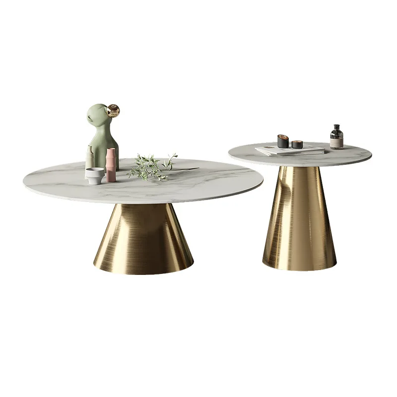 Simple Luxury Black Gold Metal Glass Marble Stone  Wood Round End Table Side Nest Set of 2 Nesting Coffee Table