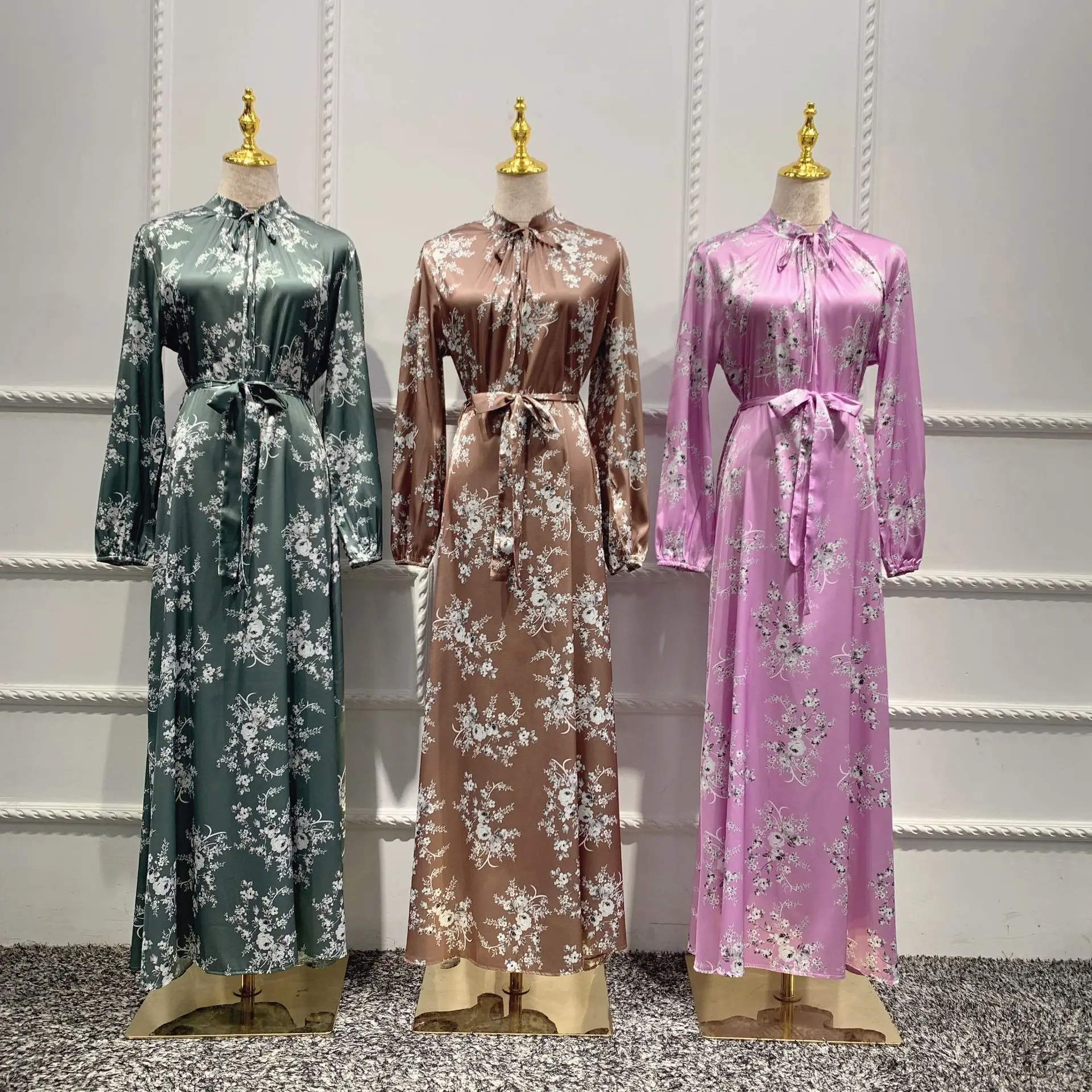 Crew neck turkish long dress muslim islamic clothing  floral print long sleeve maxi muslim women dress