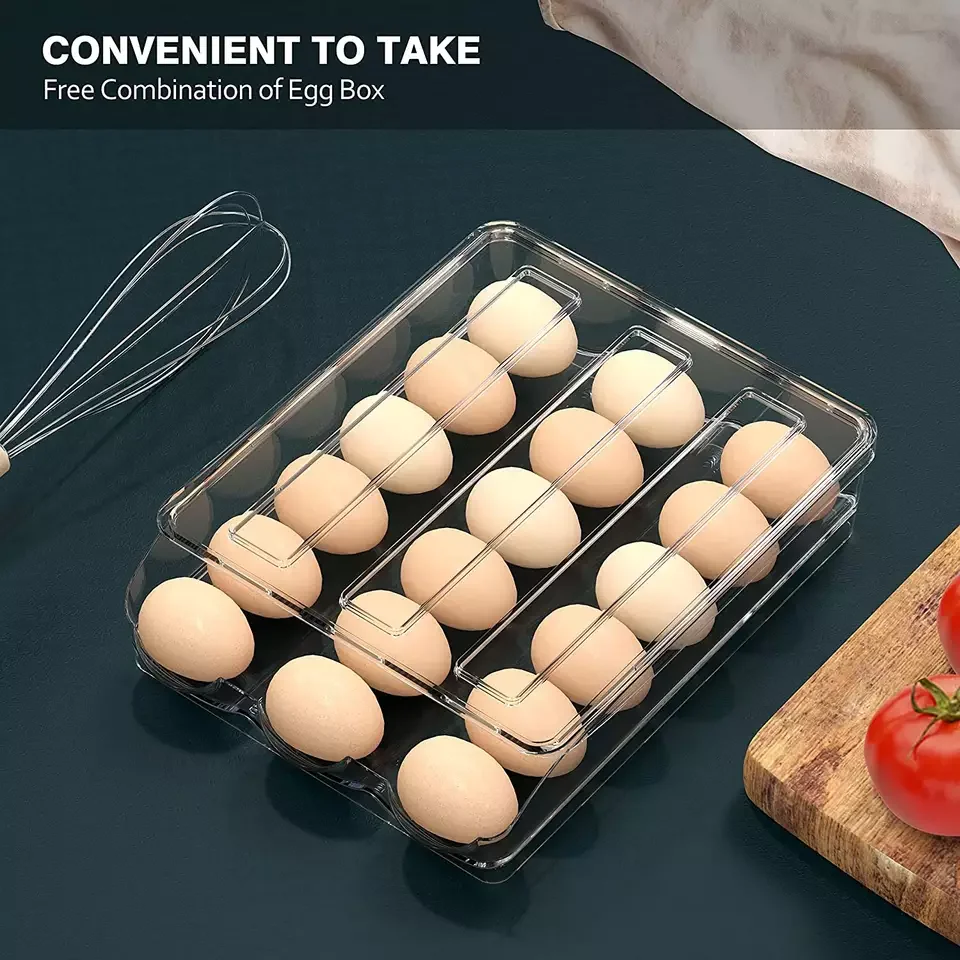 Egg Holder Tray Single Layer Large Capacity Stackable Clear PET Plastic Egg Storage Container for Refrigerator Freezer