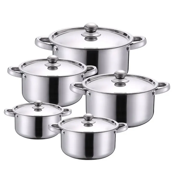 
Factory Wholesale 5 Pieces Cooking Set Stainless Steel Stock Soup Pot Kitchen Cookware Sets with Handle 