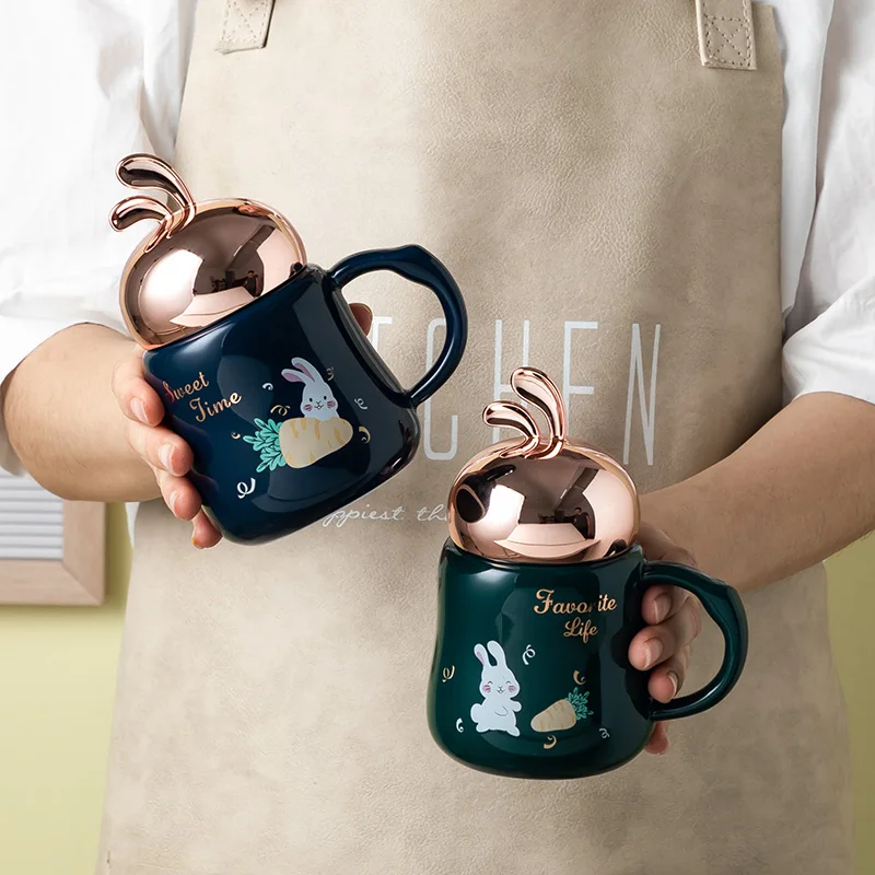 Creative personalized cute animal cartoon rabbit ceramic mug mirror kids coffee cups and funny mugs unique for children and girl
