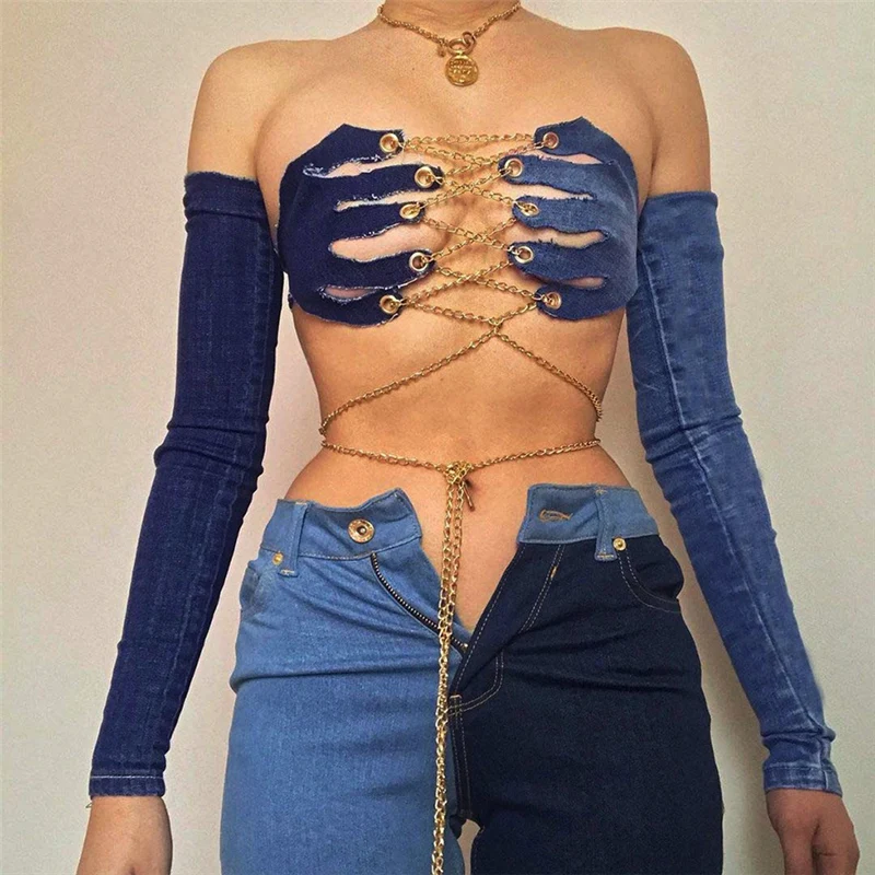 W-S184A Summer Jeans Tank Top With Chain Bandage Sexy Strapless Hollow Out Denim Crop Tops Club Party Tees Fashion Cloth