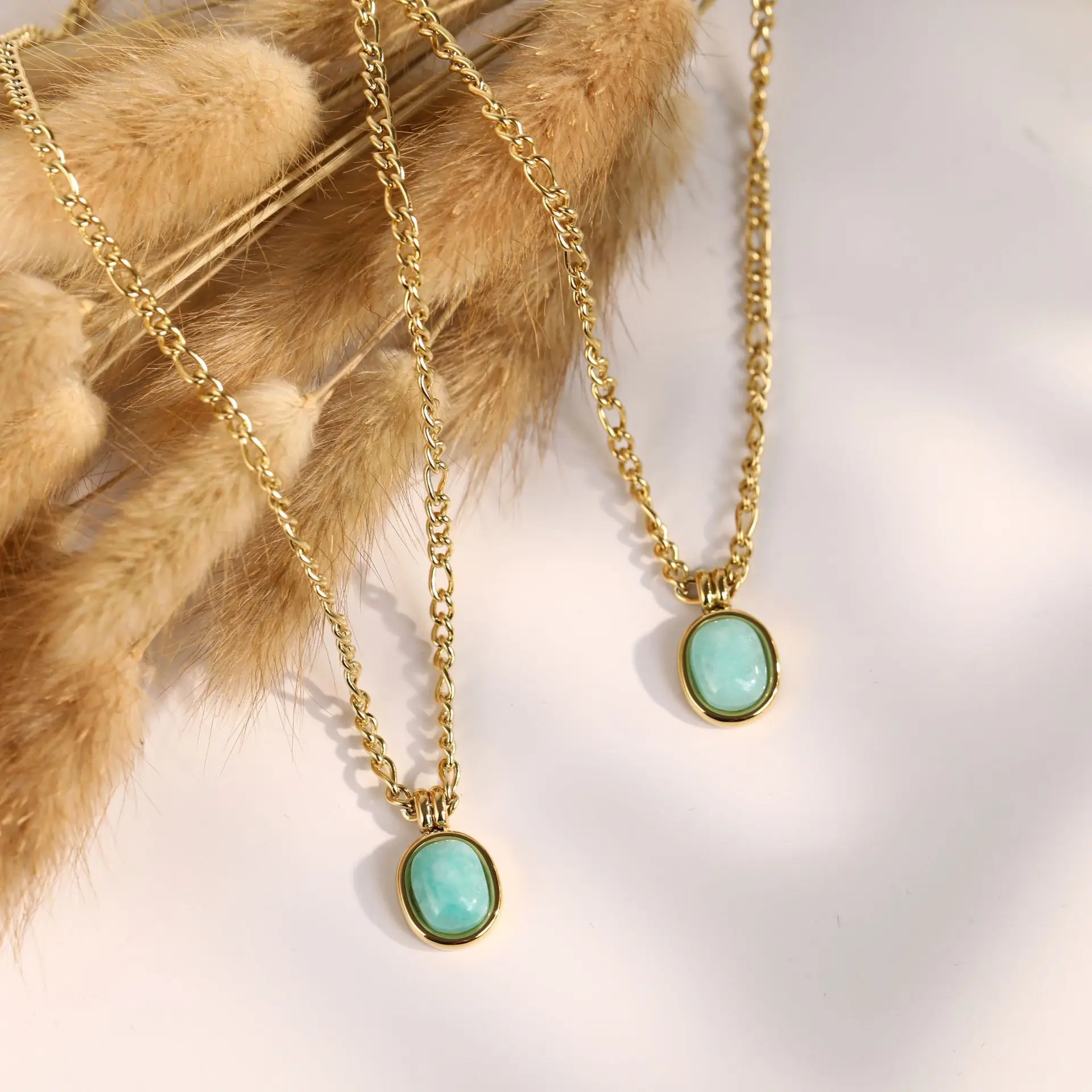 18K Gold Plated Stainless Steel Women Gemstone Jewelry Cabochon Amazonite Natural Stone Necklace With Figaro Chain