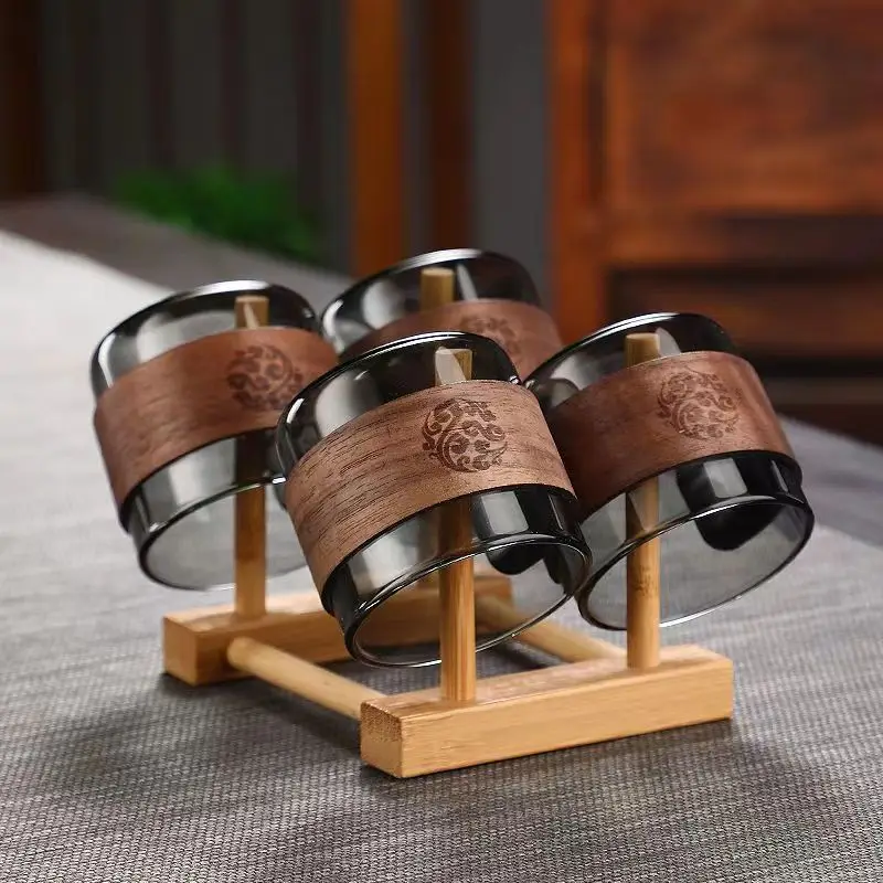 High borosilicate glass Japanese vertical grain glass tea cup walnut ring insulated coffee cup tea cup