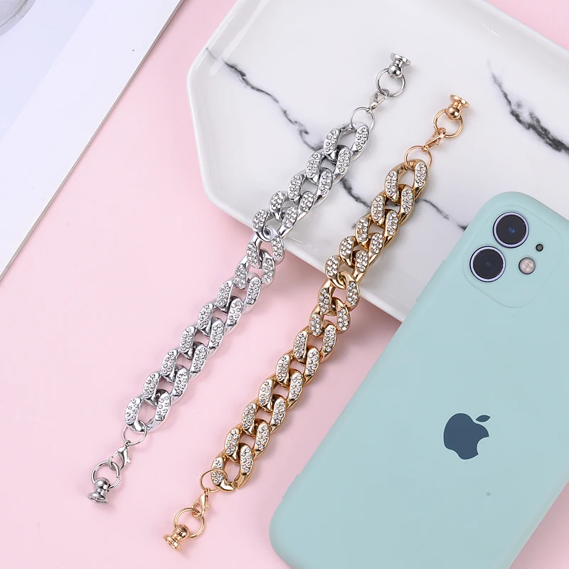 Women  crystal Gold Silver Colors Acrylic Mobile Phone Chain DIY Phone Lanyard Key Beaded Pendant Hold Straps Gift Accessories