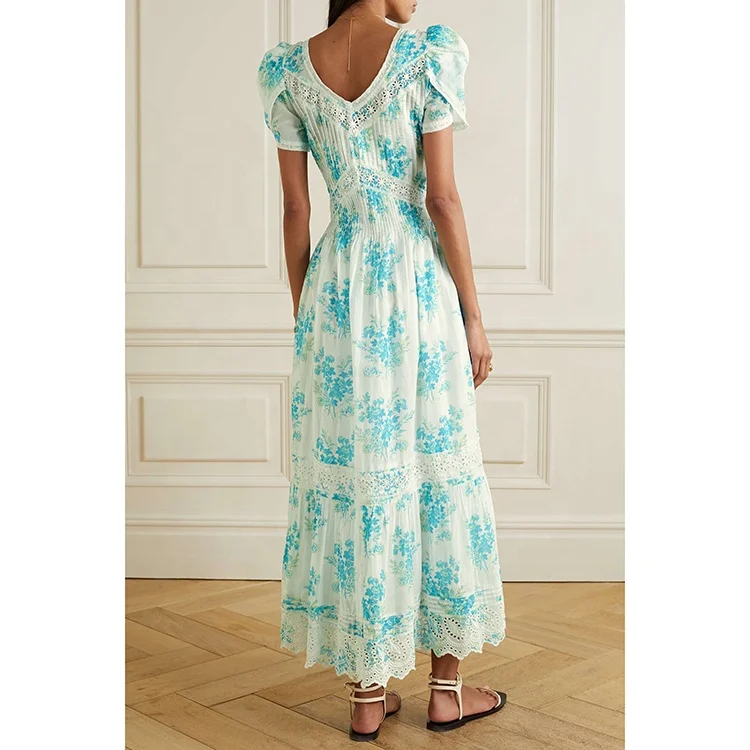 Elegant V-neck tiered silhouette floral bouquets vintage lace-trimmed floral-print cotton midi women dress