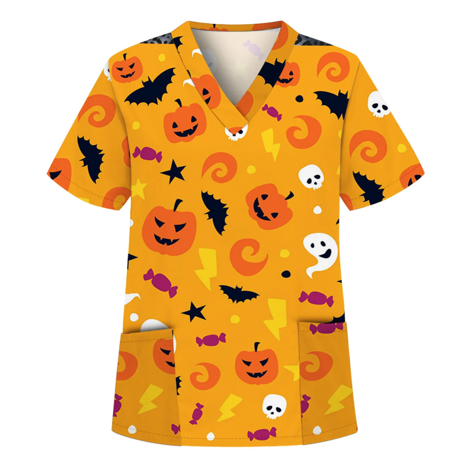 Cartoon Medical Uniforms Halloween Scrub Uniform Women Hospital Scrubs Top V Neck Nursing Shirt Short Dental Clinic Uniforms